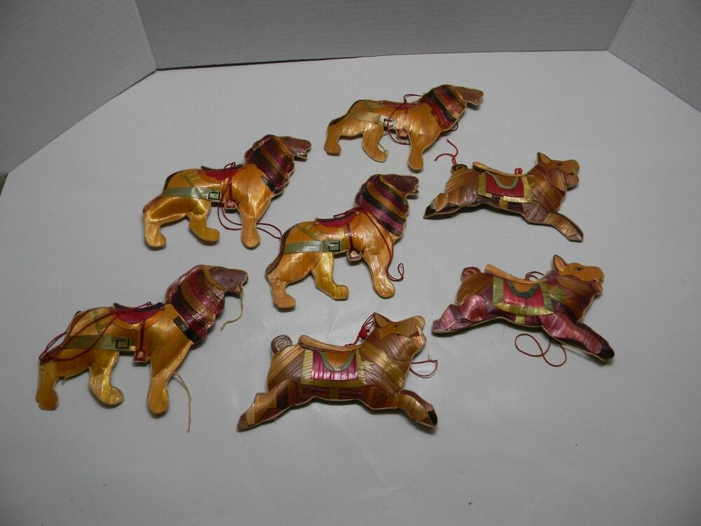 Vintage Wood Strip Christmas Ornaments Folk Art Tigers Lions Set of 7 RARE
